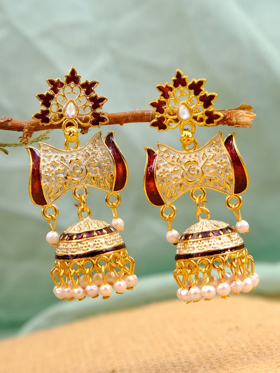 

Crunchy Fashion Gold Plated White & Red Dome Shaped Jhumkas Earrings