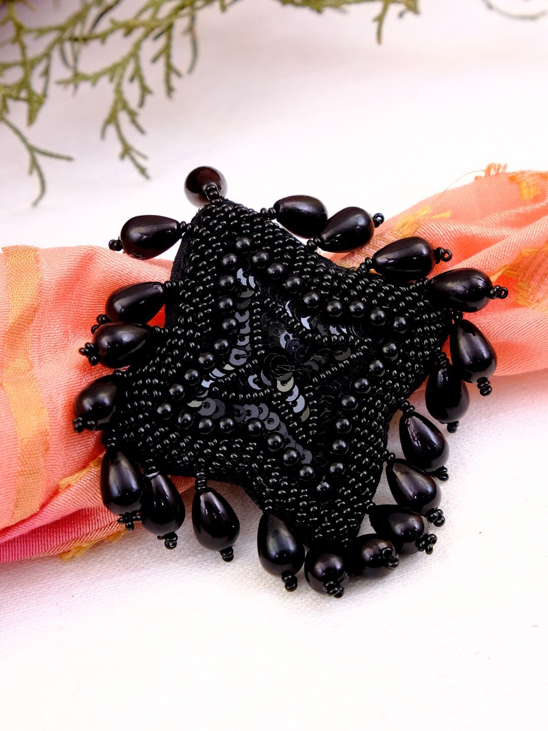 

Crunchy Fashion Silver-Plated & Black Beaded Handcrafted Boho Finger Ring