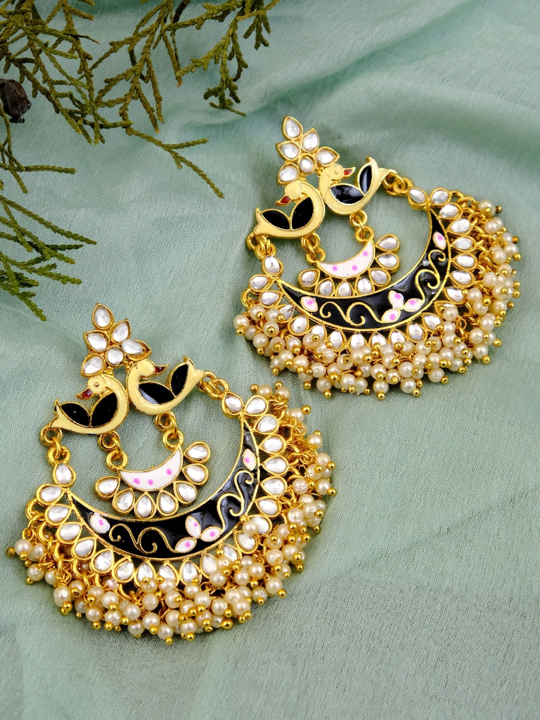 

Crunchy Fashion Gold-Plated Black Contemporary Chandbalis Earrings