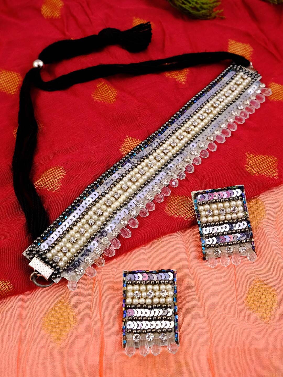 

Crunchy Fashion Silver-Plated White Stone Studded Antique Handmade Jewellery Set