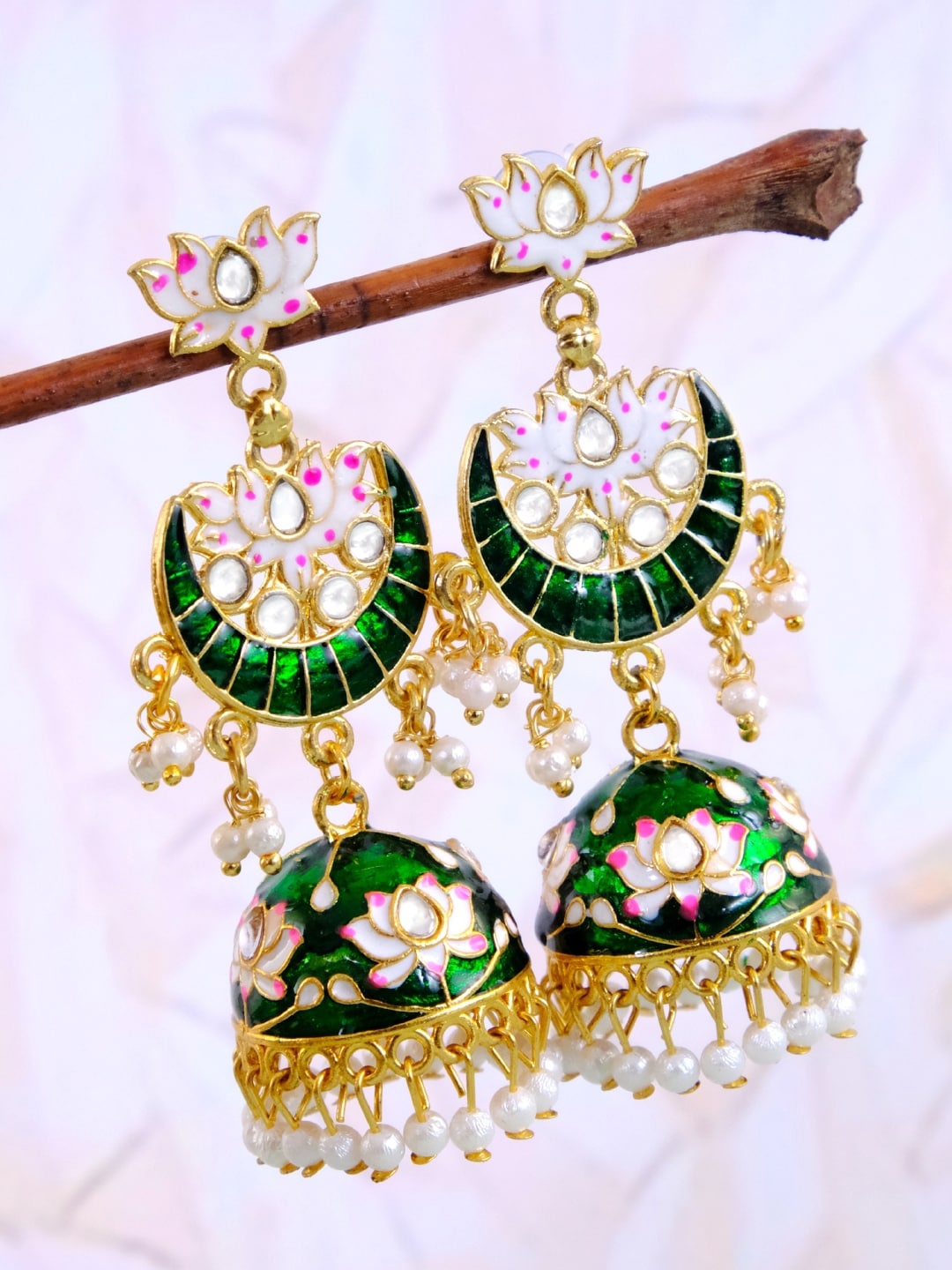 

Crunchy Fashion Gold-Plated & Green Contemporary Lotus Style Chandbalis Earrings