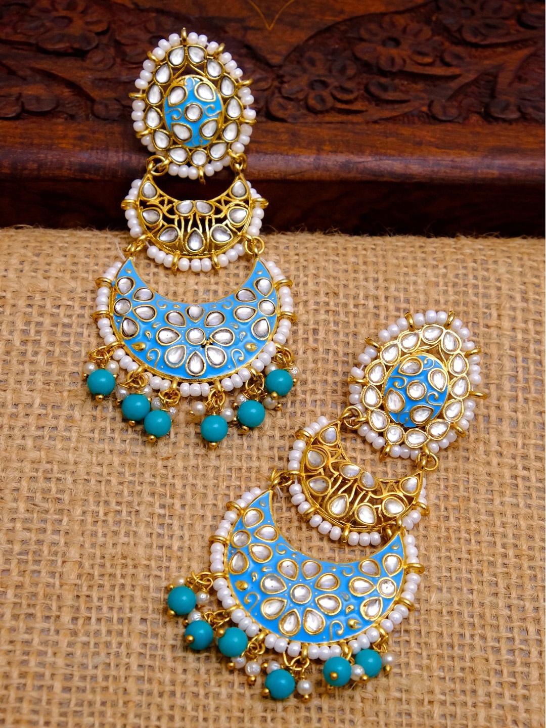 

Crunchy Fashion Gold-Toned & Blue Enameled Pearl Contemporary Chandbalis Earrings