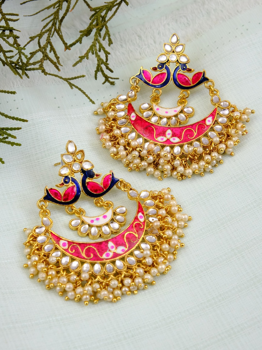 

Crunchy Fashion Red & Blue Enamelled & Stones Studded Peacock Shaped Chandbalis Earrings
