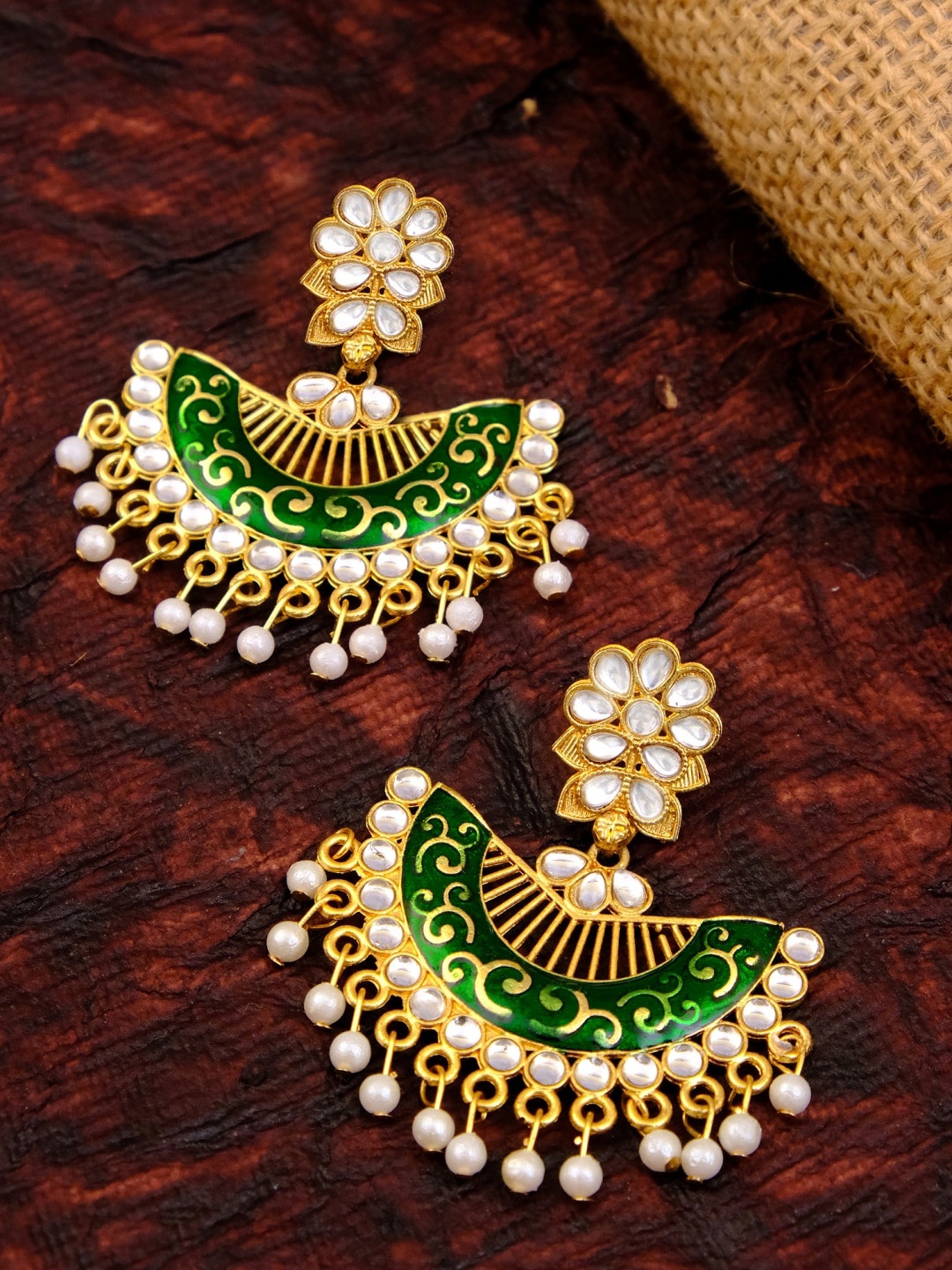 

Crunchy Fashion Gold Plated Green & White Floral Chandbalis Earrings