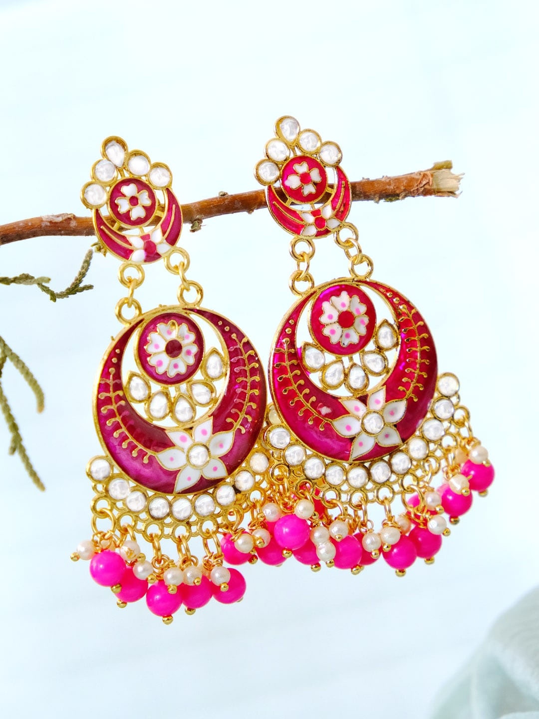 

Crunchy Fashion Gold-Plated Pink & Gold-Toned Contemporary Chandbalis Earrings