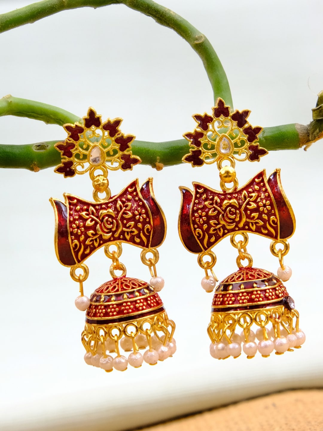 

Crunchy Fashion Maroon Gold-Plated Contemporary Jhumkas Earrings