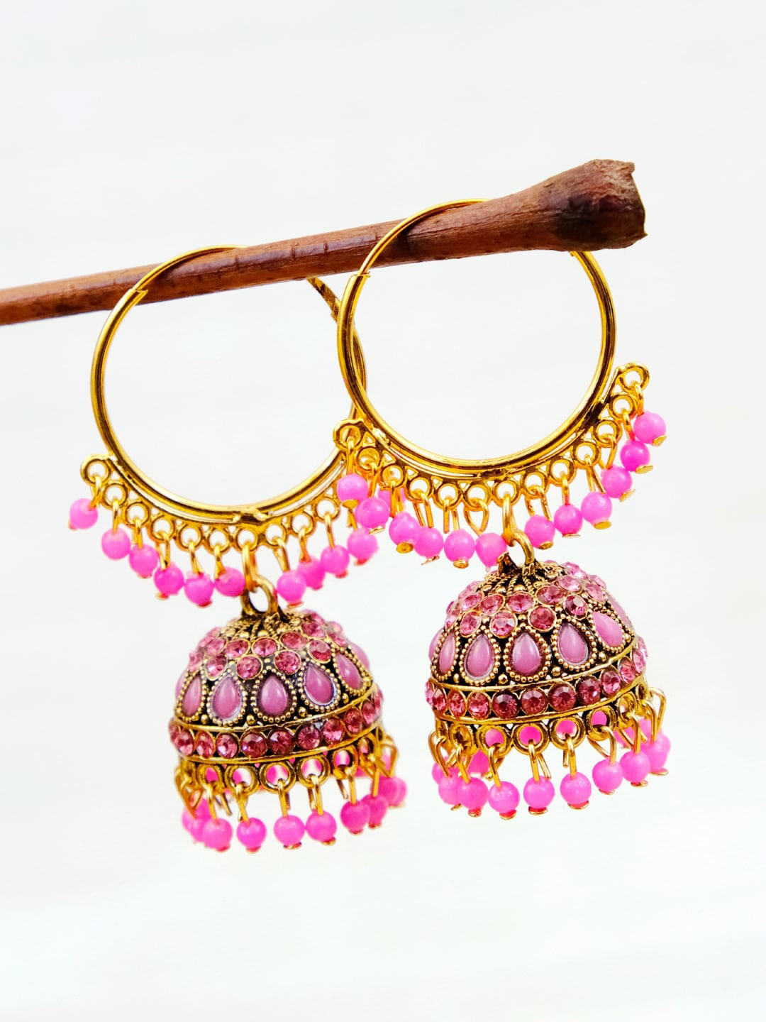 

Crunchy Fashion Pink Gold-Plated Contemporary Jhumkas Earrings