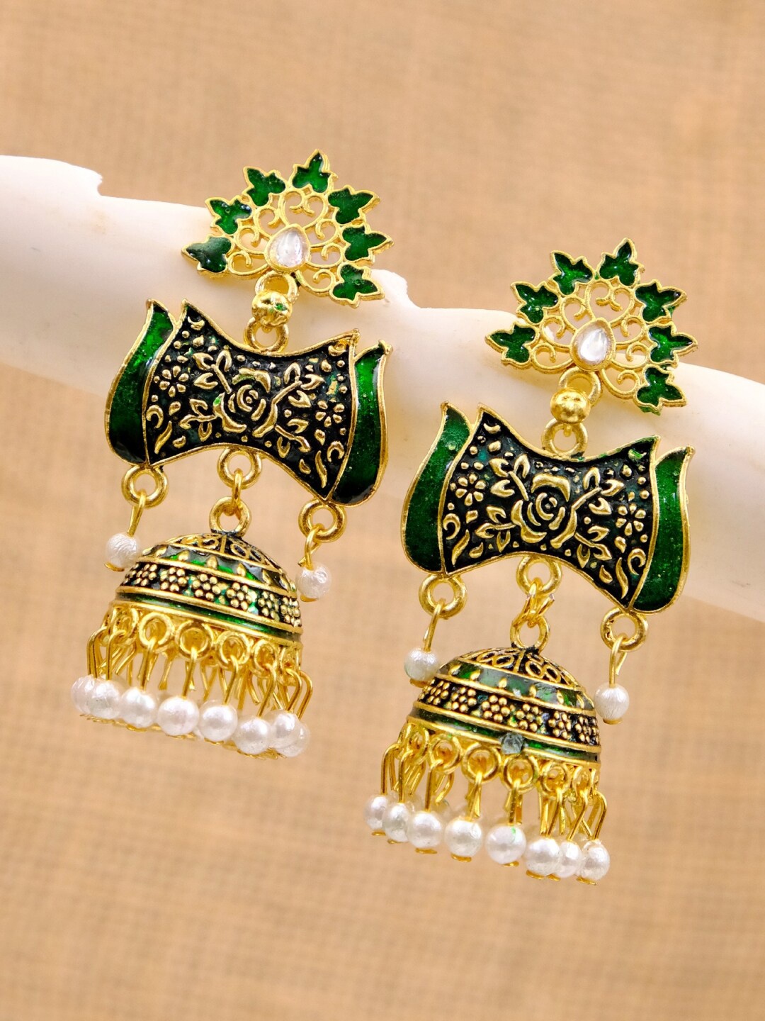 

Crunchy Fashion Green & Gold-Toned Dome Shaped Jhumkas Earrings
