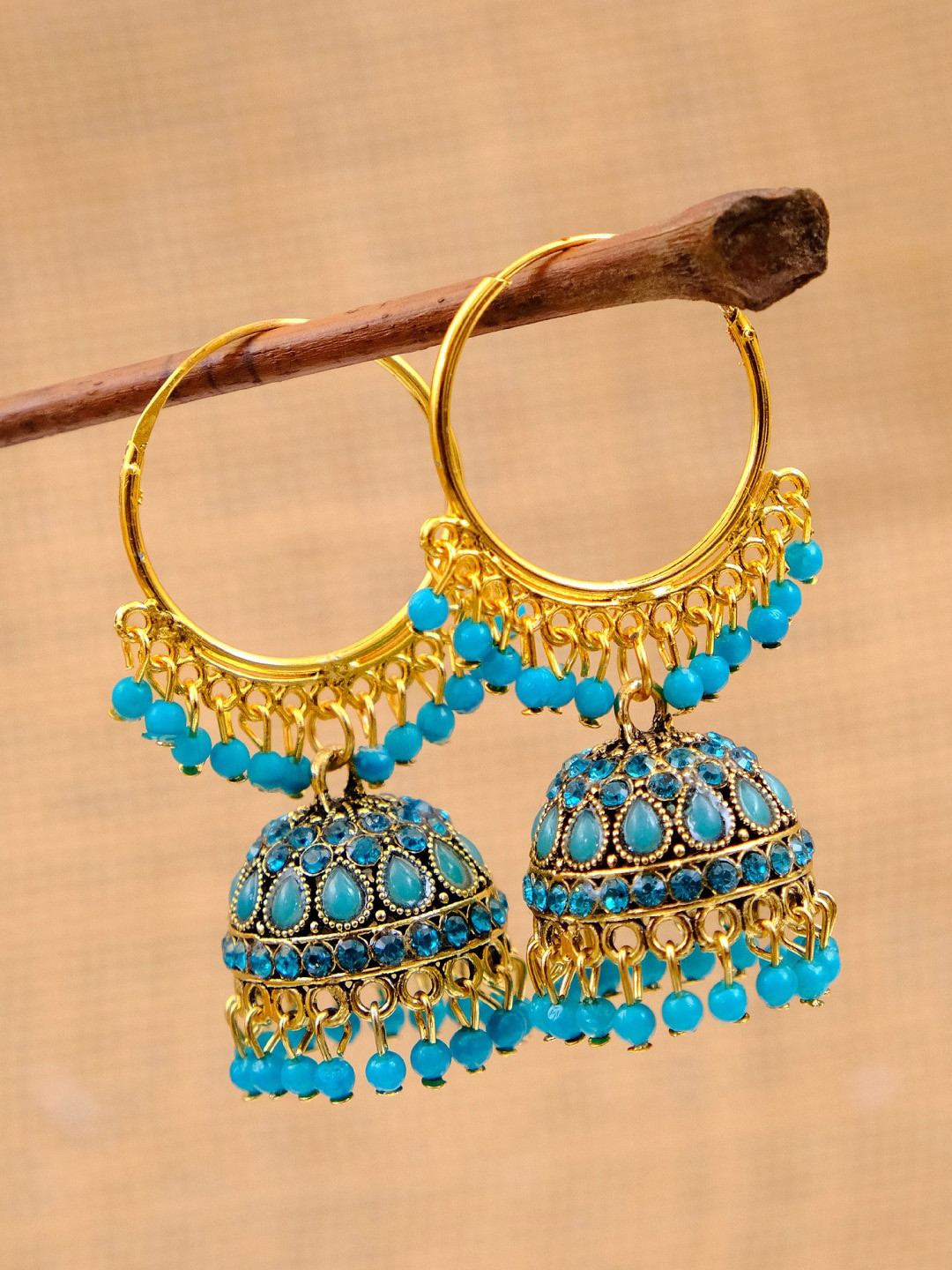 

Crunchy Fashion Gold Plated Blue Dome Shaped Jhumkas Earrings
