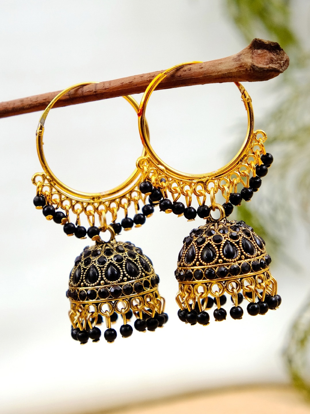 

Crunchy Fashion Gold-Plated Black & Gold-Toned Crystal Studded Jhumkas Earrings