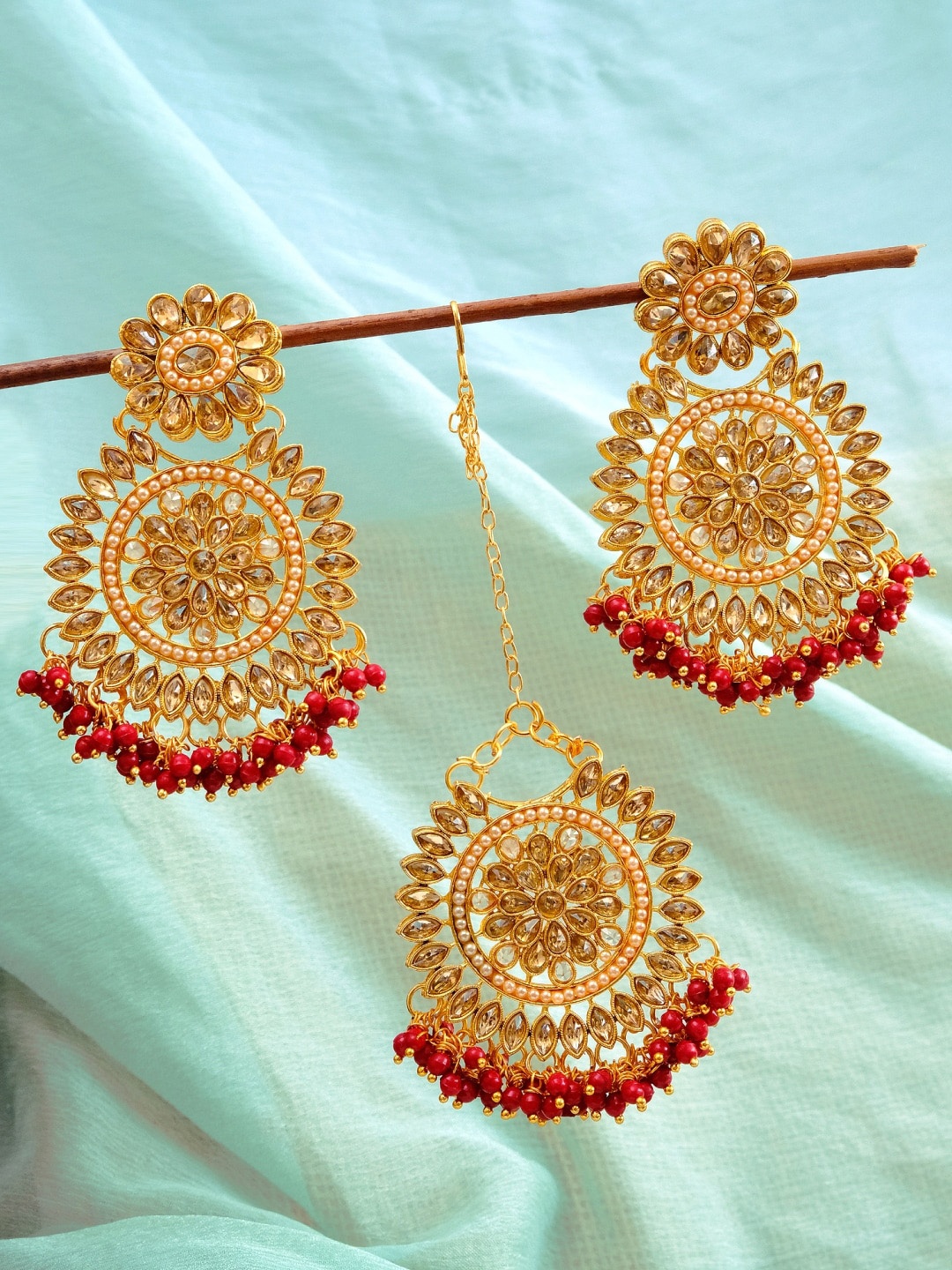 

Crunchy Fashion Gold-Toned & Red Beaded & Kundan Studded Chandbalis With Maang Tika Set