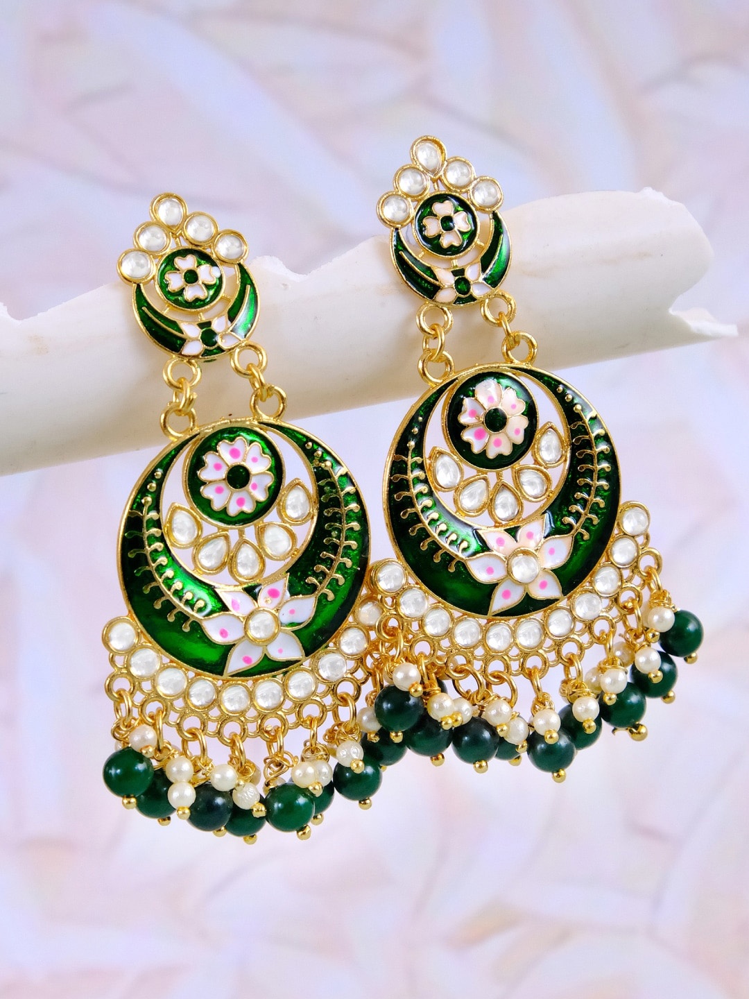 

Crunchy Fashion Green Gold-Plated Contemporary Drop Earrings