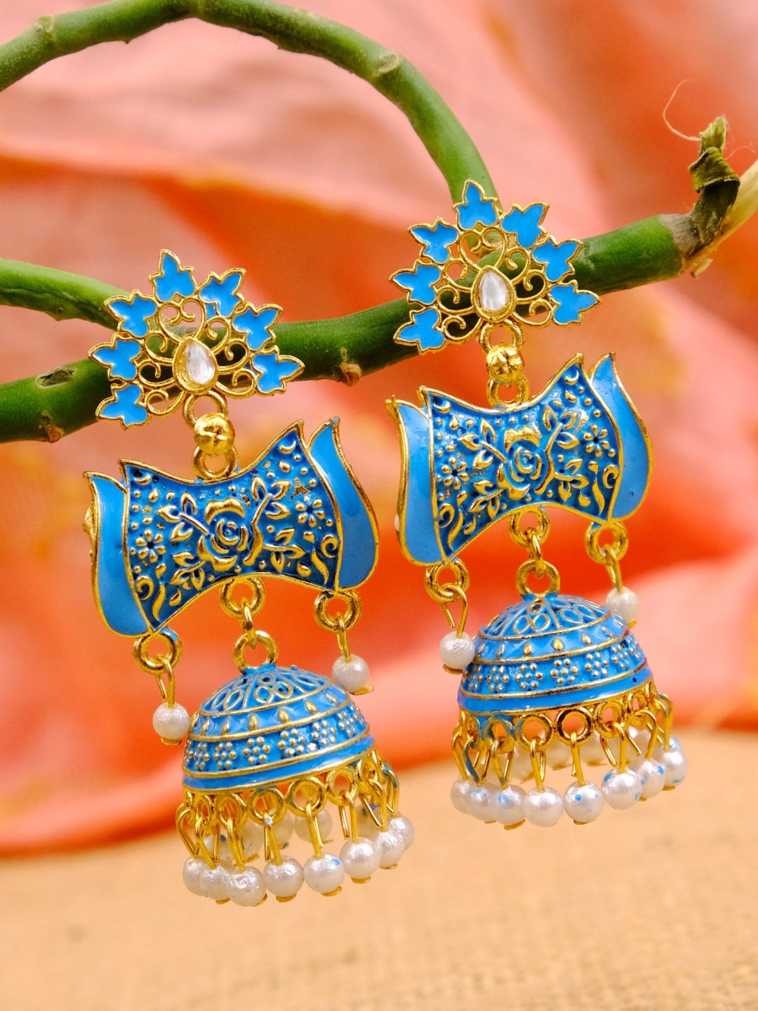 

Crunchy Fashion Gold Plated Blue Contemporary Jhumkas Earrings