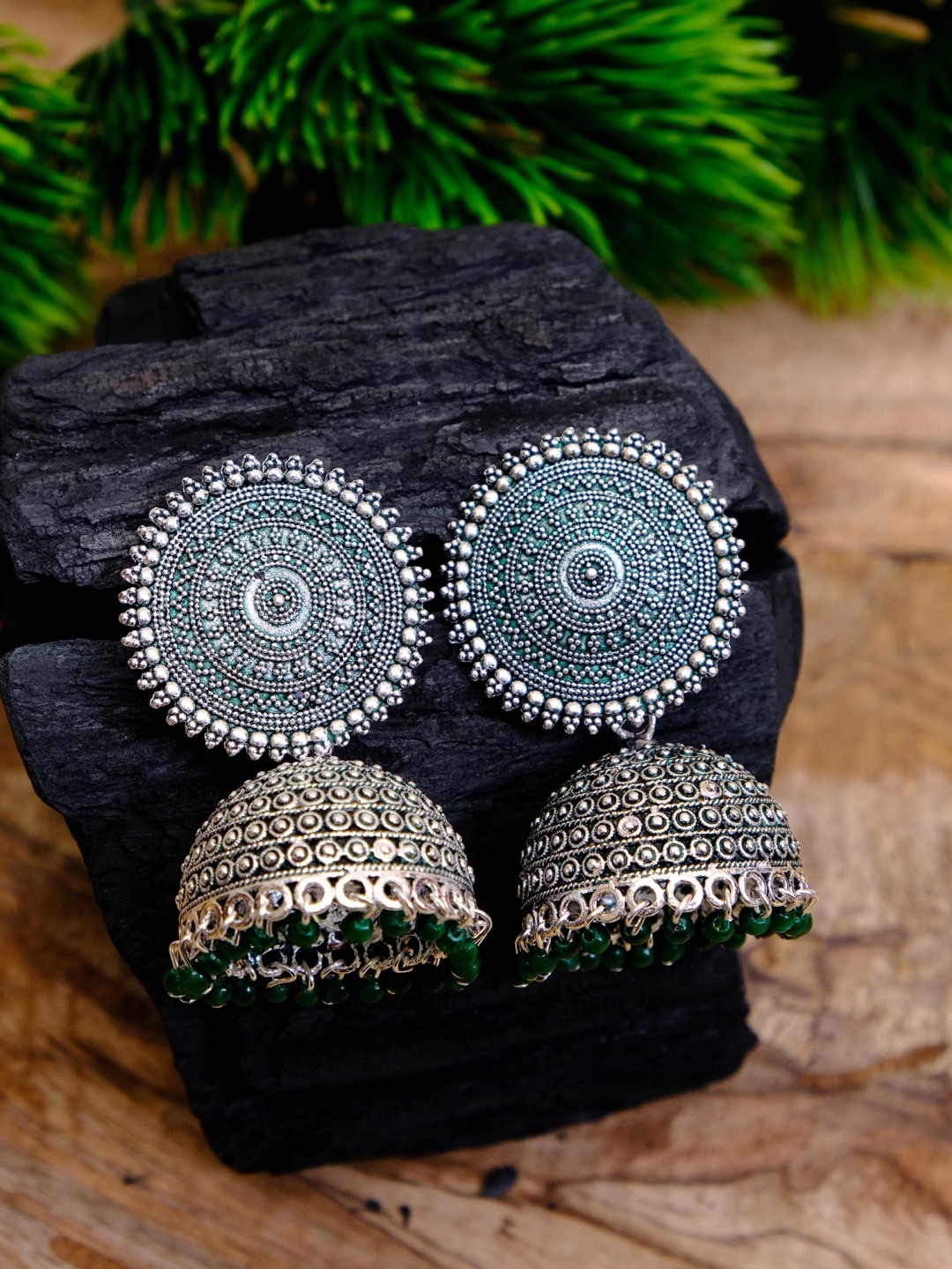 

Crunchy Fashion Silver Plated Green Dome Shaped Jhumkas Earrings