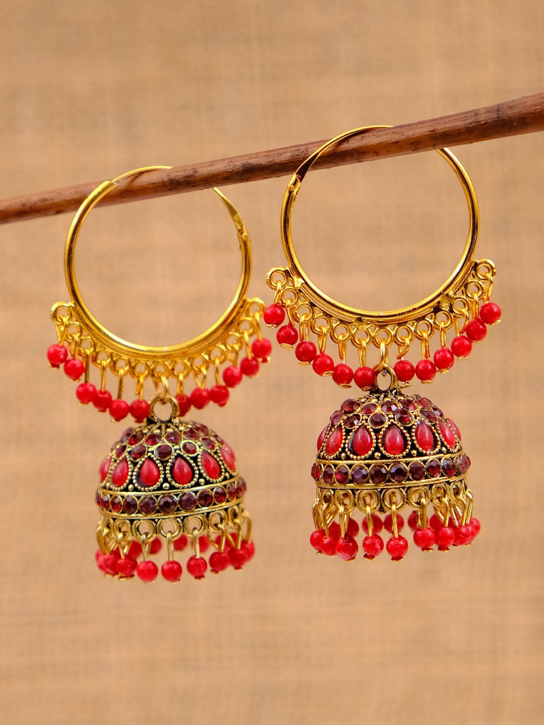 

Crunchy Fashion Gold-Plated Red & Gold-Toned Contemporary Jhumkas Earrings
