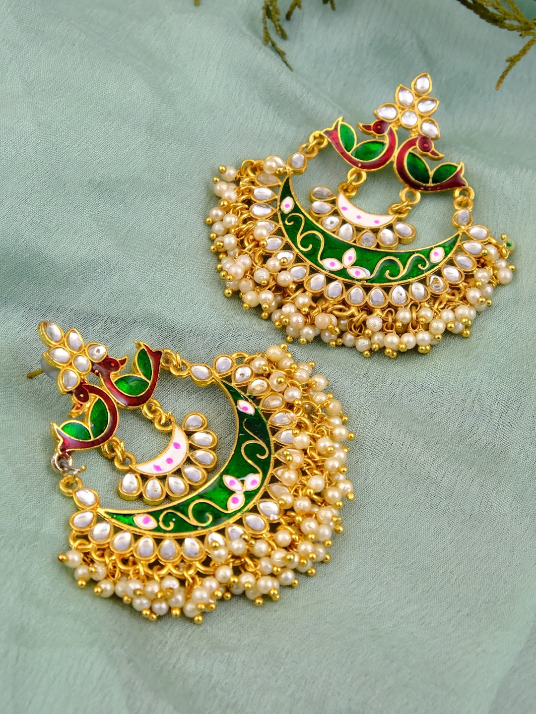 

Crunchy Fashion Gold Plated Green Contemporary Chandbalis Earrings