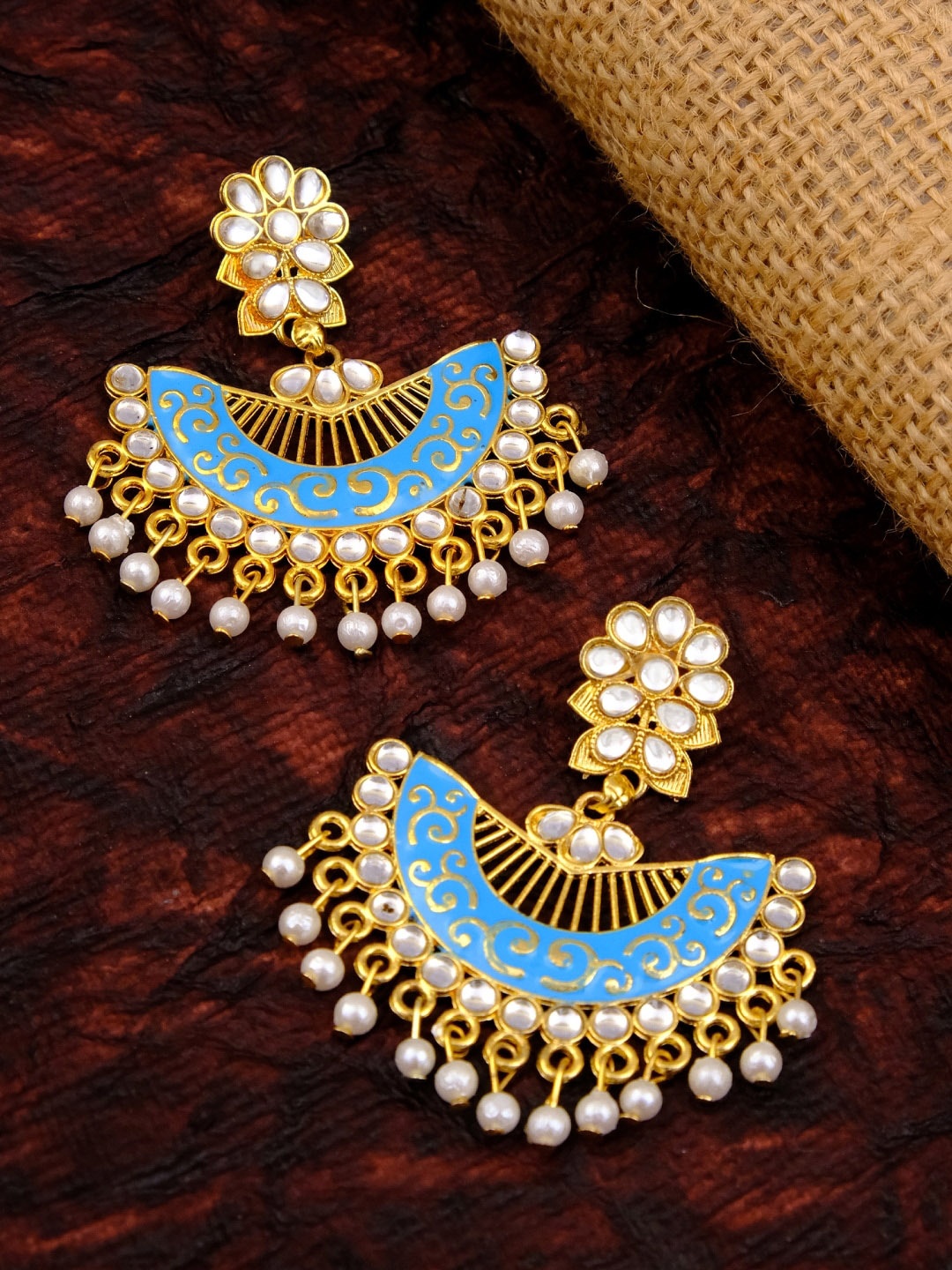 

Crunchy Fashion Blue & Gold-Toned Gold Plated Crescent Shaped Chandbalis