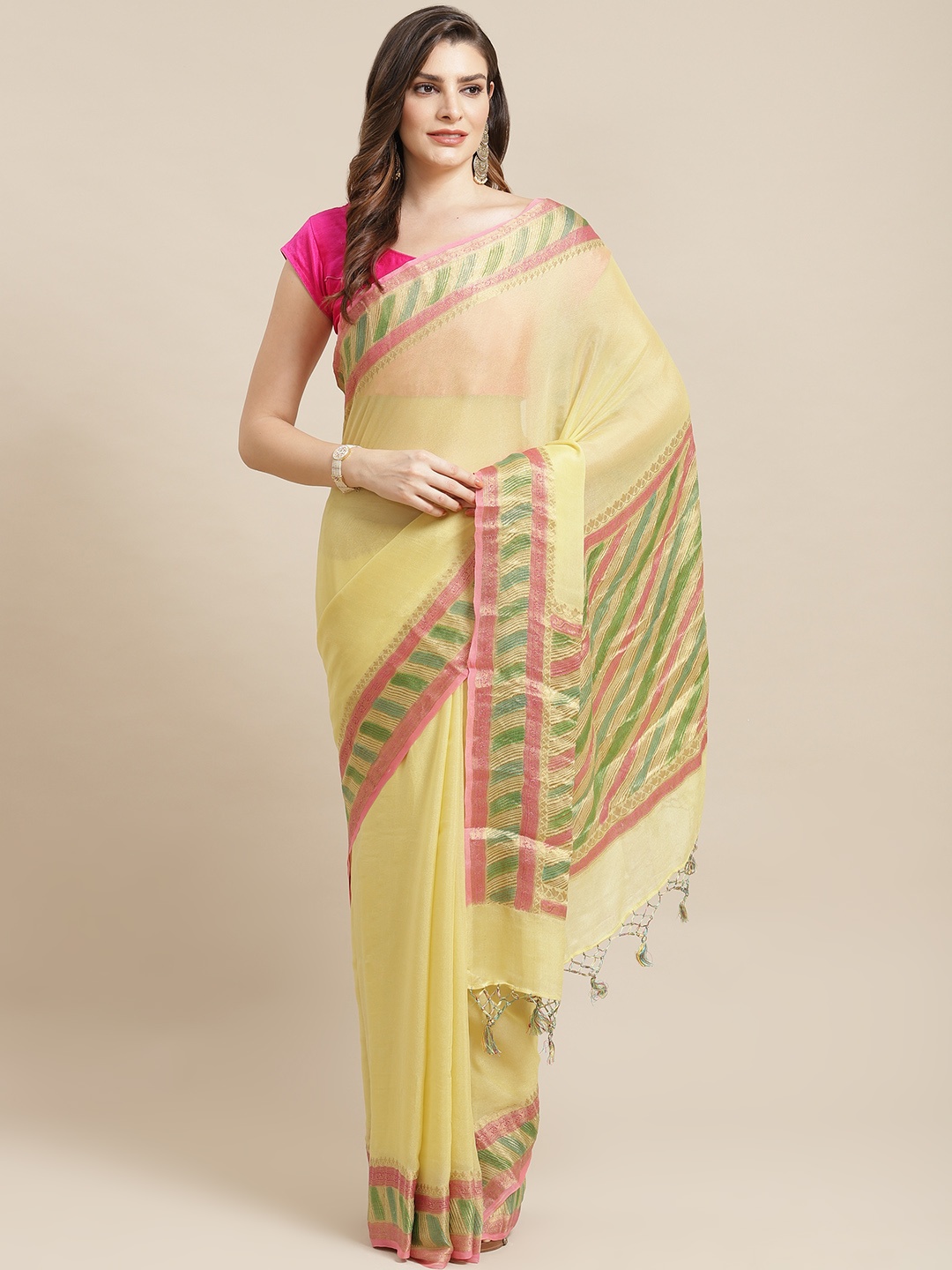 

Banarasi Style Yellow Pure Chiffon Silk Banarasi Saree with Zari Woven Design Border