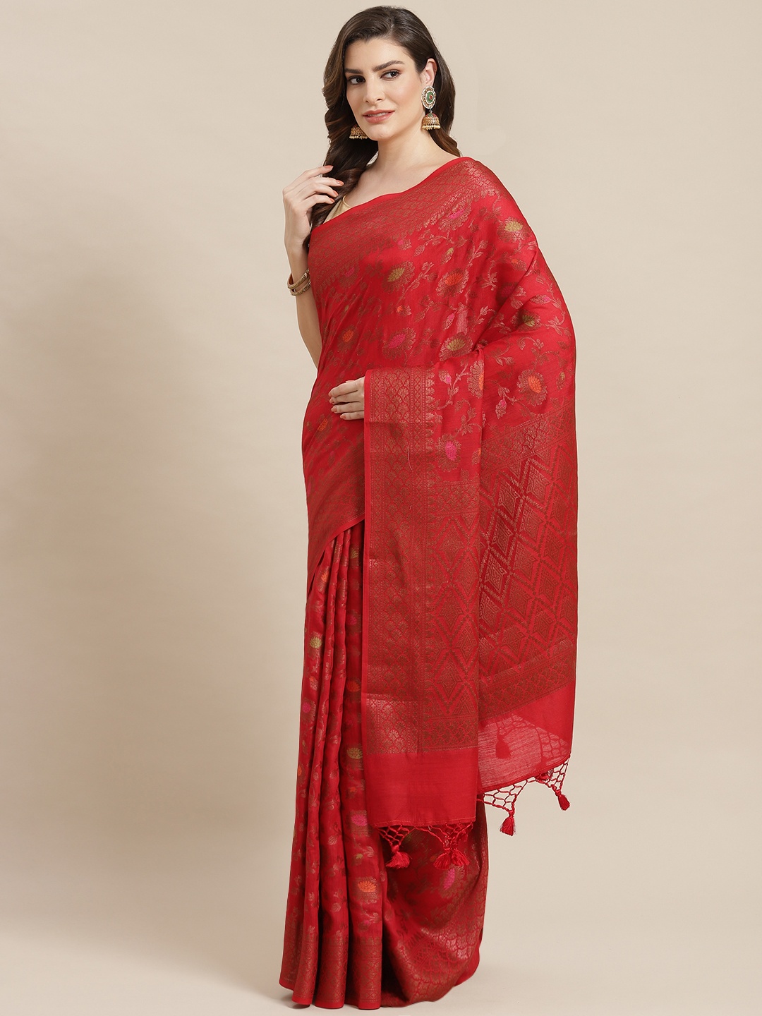 

Banarasi Style Red & Golden Pure Munga Silk Meena Jaal Banarasi Saree