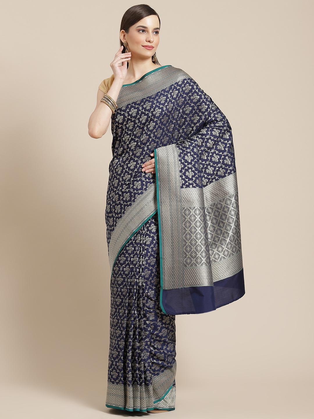 

Banarasi Style Navy Blue Floral Silk Blend Banarasi Saree