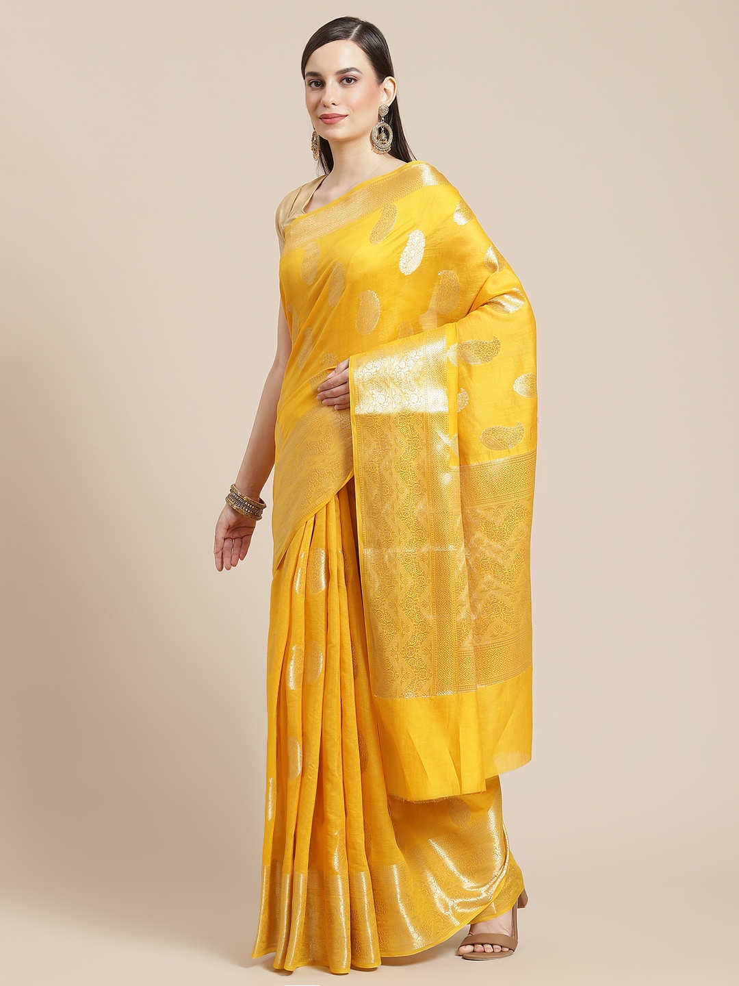 

Banarasi Style Yellow Paisley Zari Pure Cotton Banarasi Saree