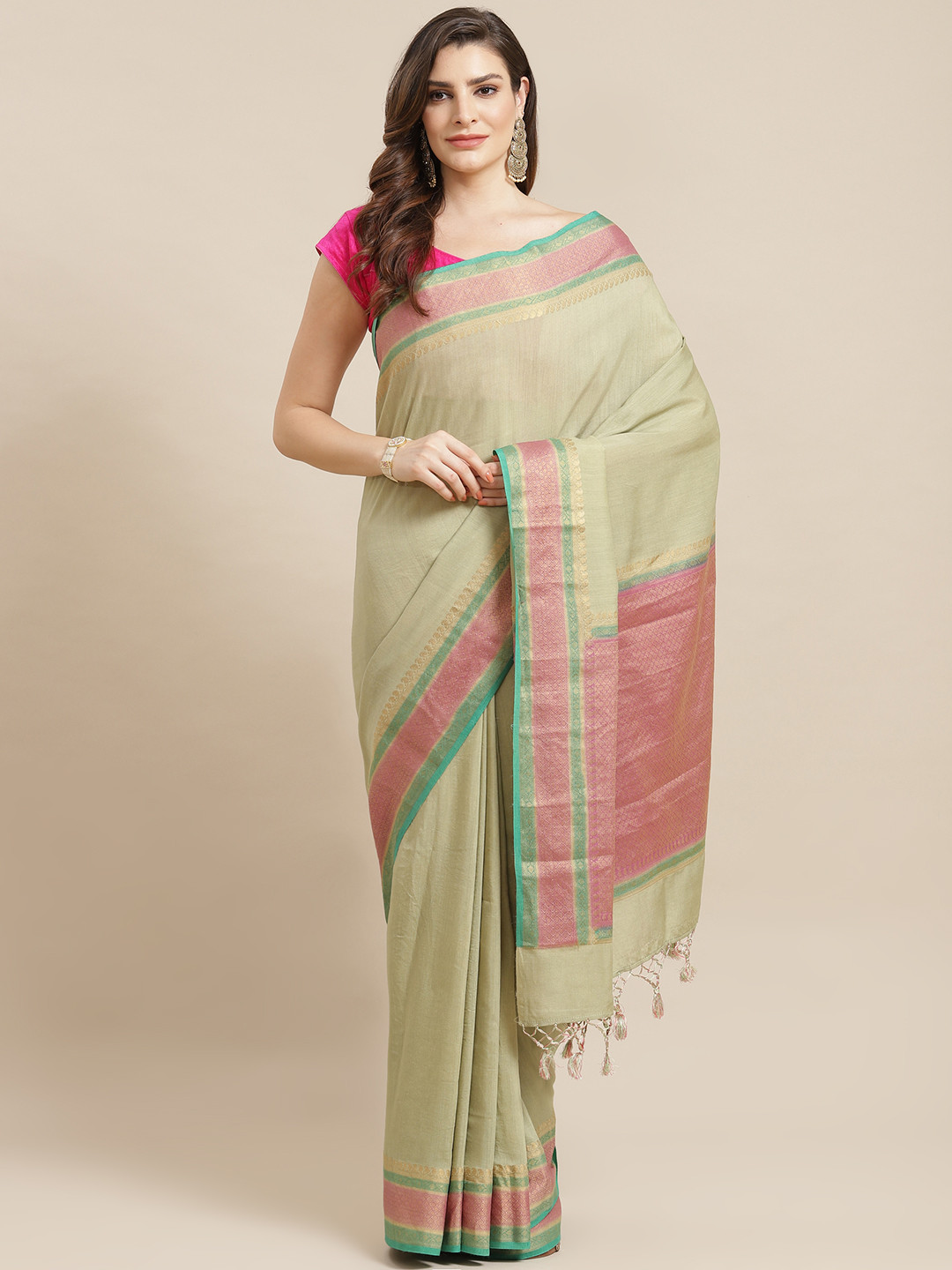 

Banarasi Style Green & Golden Pure Munga Silk Banarasi Saree with Zari Woven Design Border