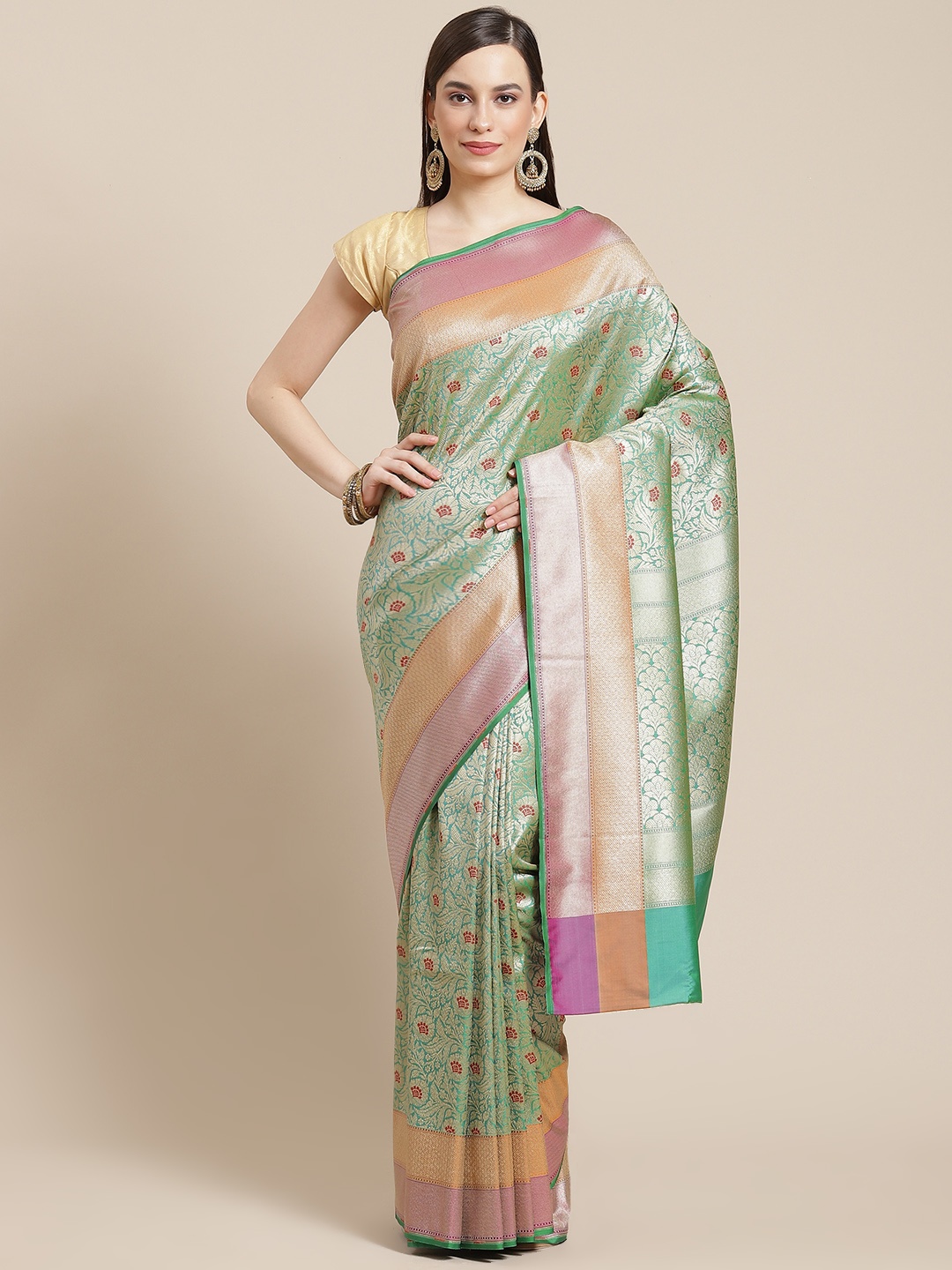 

Banarasi Style Green Ethnic Motifs Zari Silk Blend Banarasi Saree