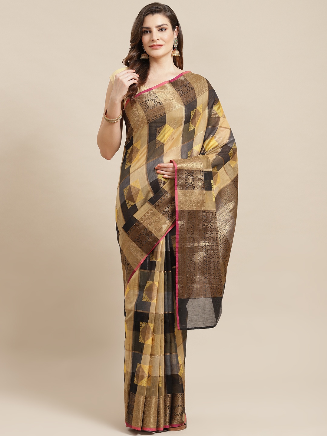 

Banarasi Style Brown & Beige Zari Striped Banarasi Saree