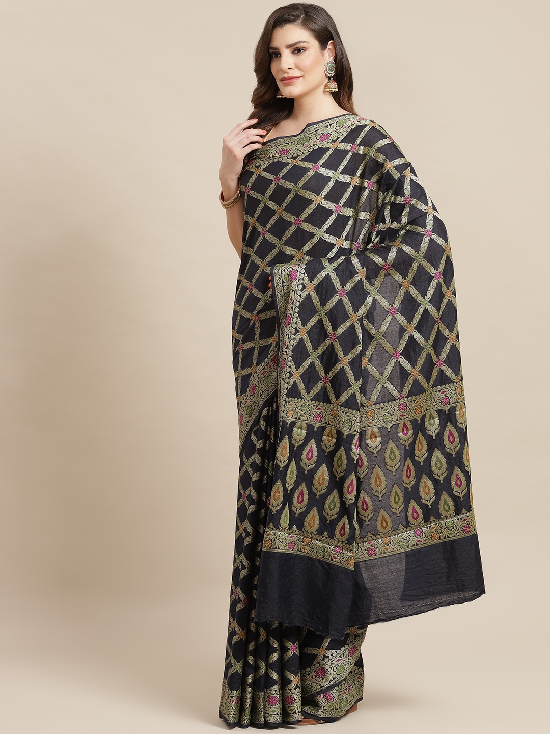 

Banarasi Style Navy Blue & Golden Checked Meena Jaal Banarasi Saree