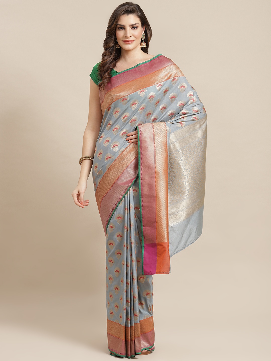 

Banarasi Style Grey & Red Meena Zari Woven Design Banarasi Saree