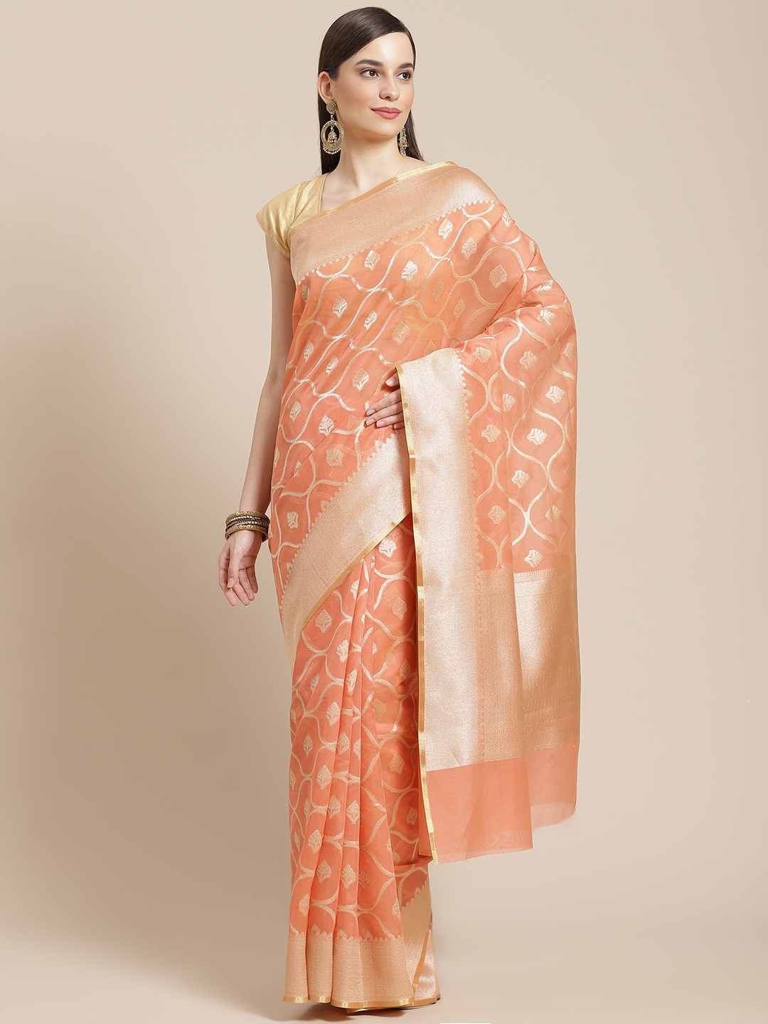 

Banarasi Style Peach-Coloured Ethnic Motifs Zari Silk Cotton Banarasi Saree