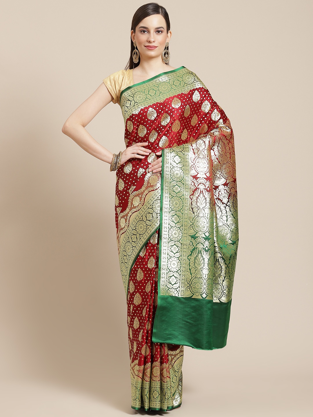 

Banarasi Style Maroon & Green Ethnic Motifs Zari Silk Blend Banarasi Saree