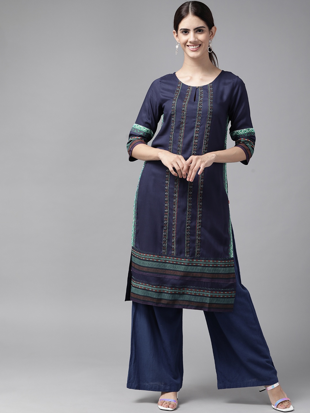 

W Women Navy Blue Geometric Printed Keyhole Neck Straight Kurta