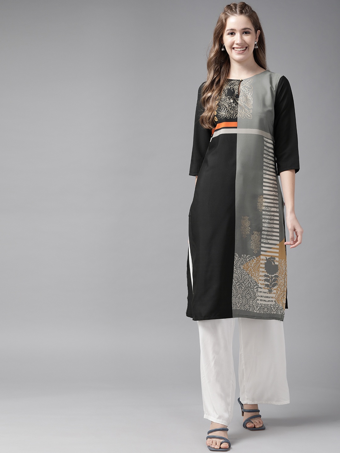 

W Women Black & Charcoal Grey Colourblocked Keyhole Neck Straight Kurta