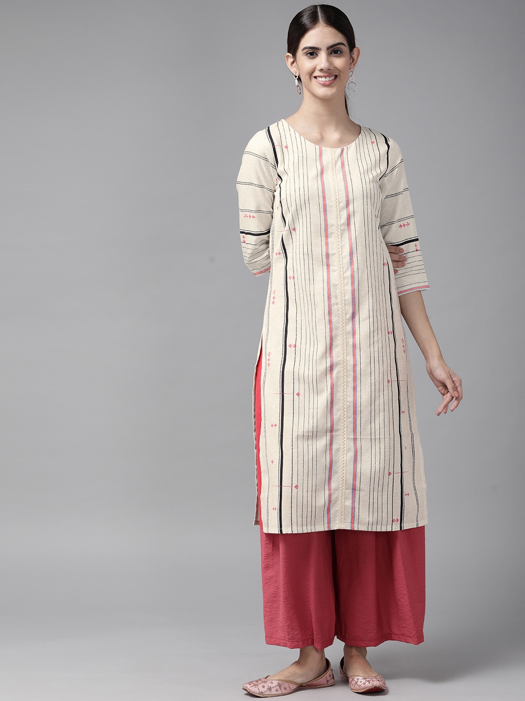 

W Women Off White & Black Striped Pastel Kurta