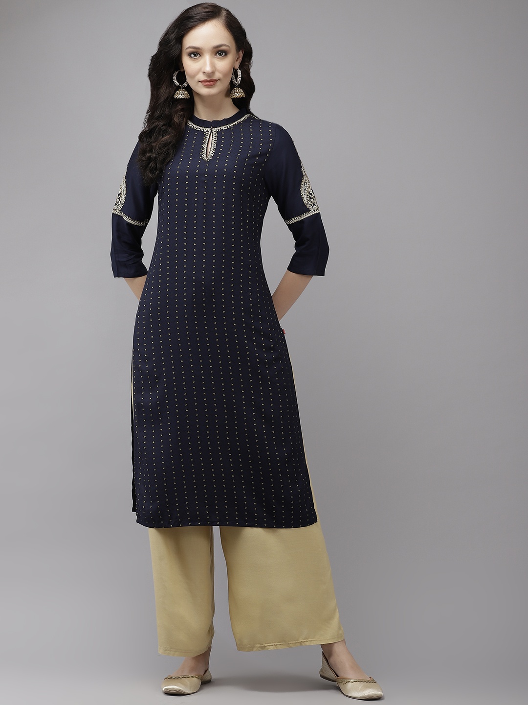 

W Women Navy Blue & Golden Ethnic Motifs Printed Keyhole Neck Straight Kurta