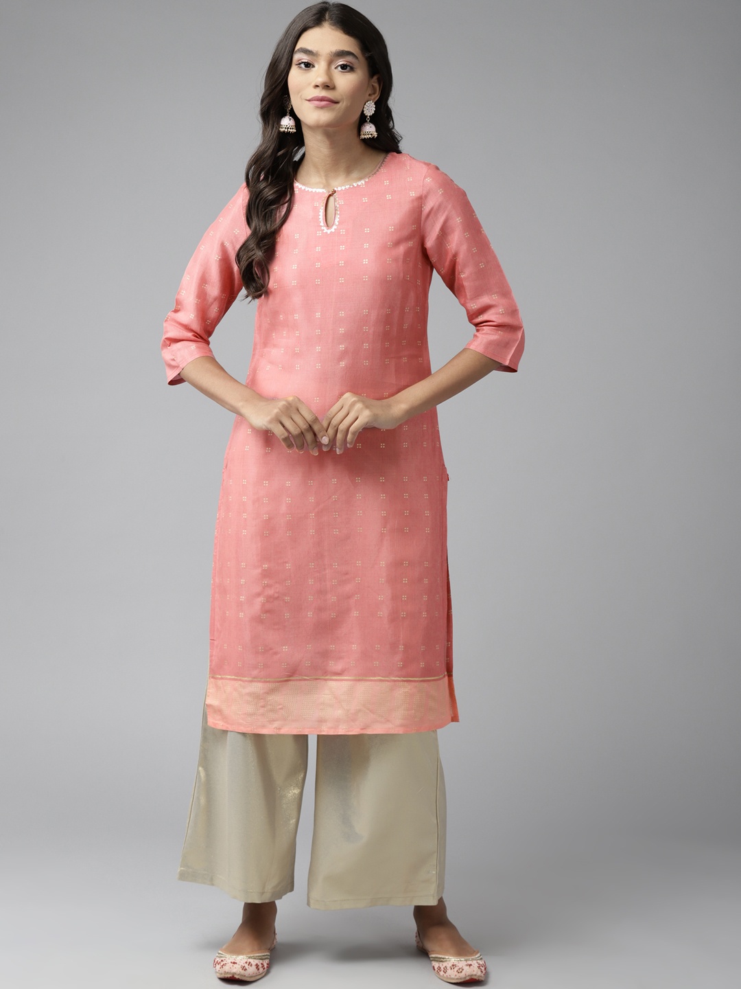 

W Women Pink & Golden Geometric Printed Keyhole Neck Kurta