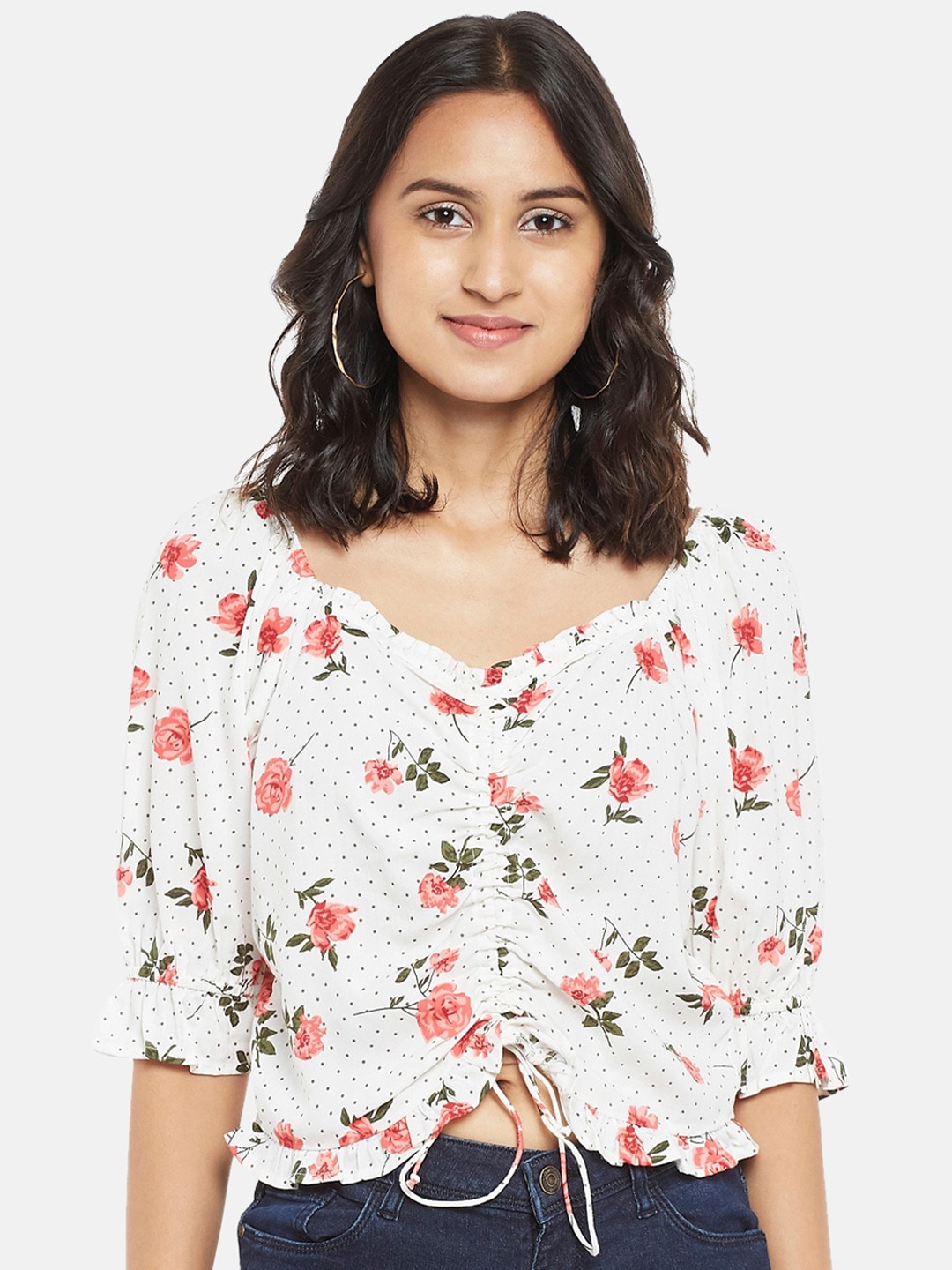 

People Women White & Red Floral Fringed Regular Top