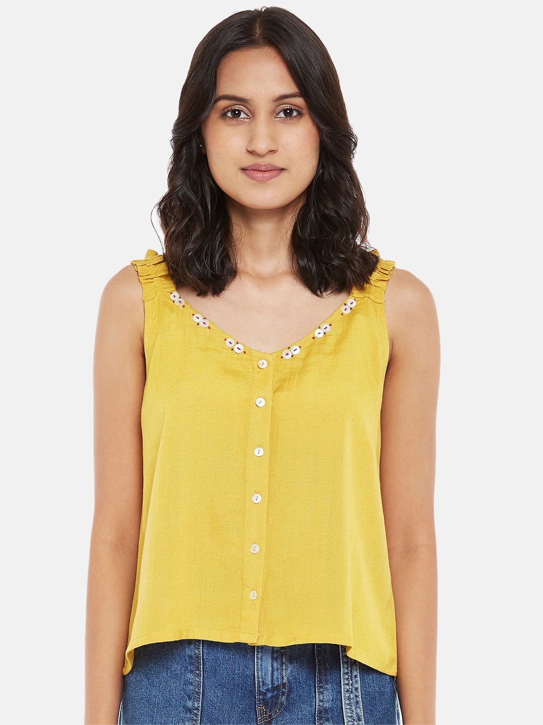 

People Mustard Yellow V-Neck Sleeveless Regular Top