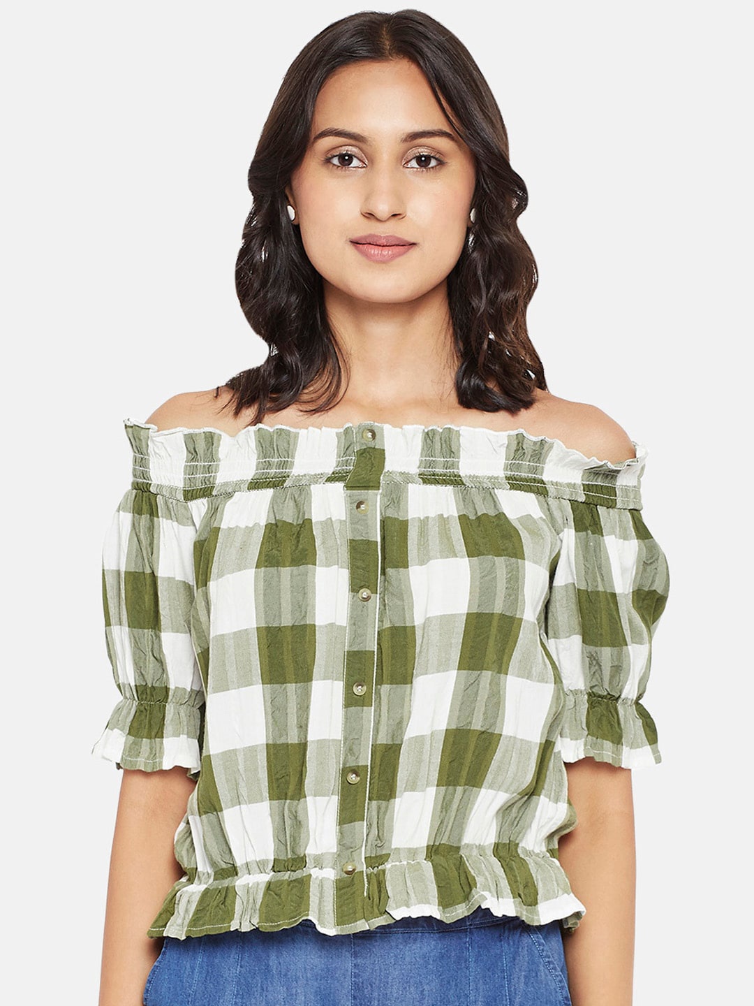 

People Green & White Checked Off-Shoulder Ruffles Pure Cotton Bardot Top