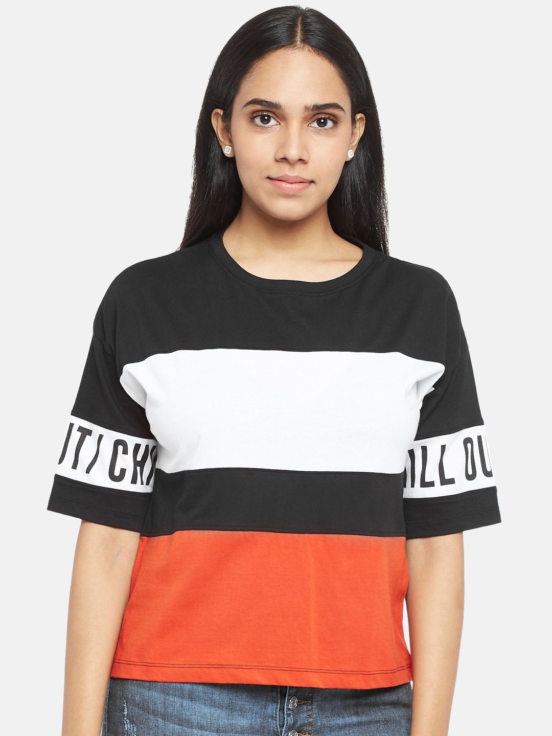 

People Black & Orange Colourblocked Extended Sleeves Pure Cotton Knit Regular Top