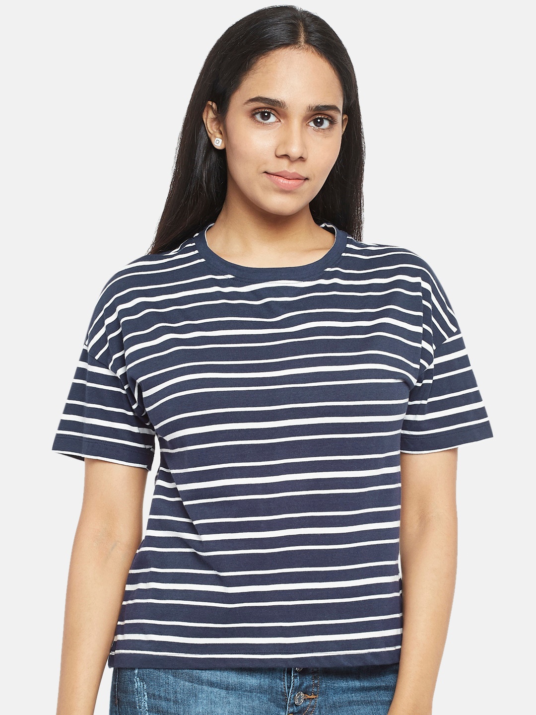 

People Women Navy Blue Striped Regular Top