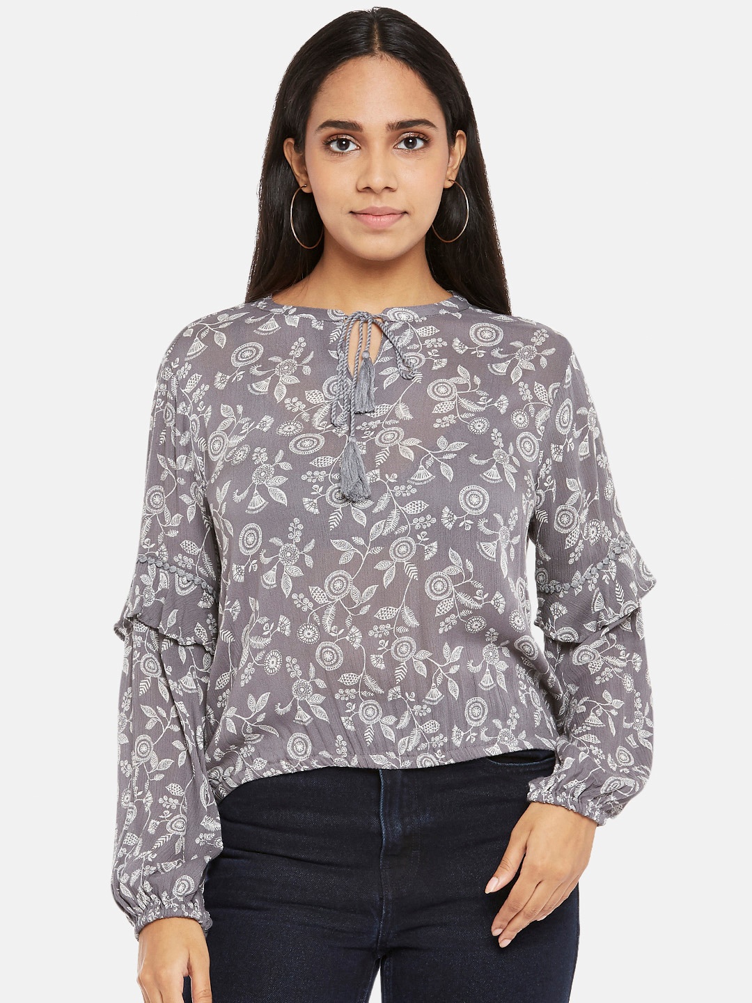 

People Women Grey & White Floral Tie-Up Neck Blouson Top