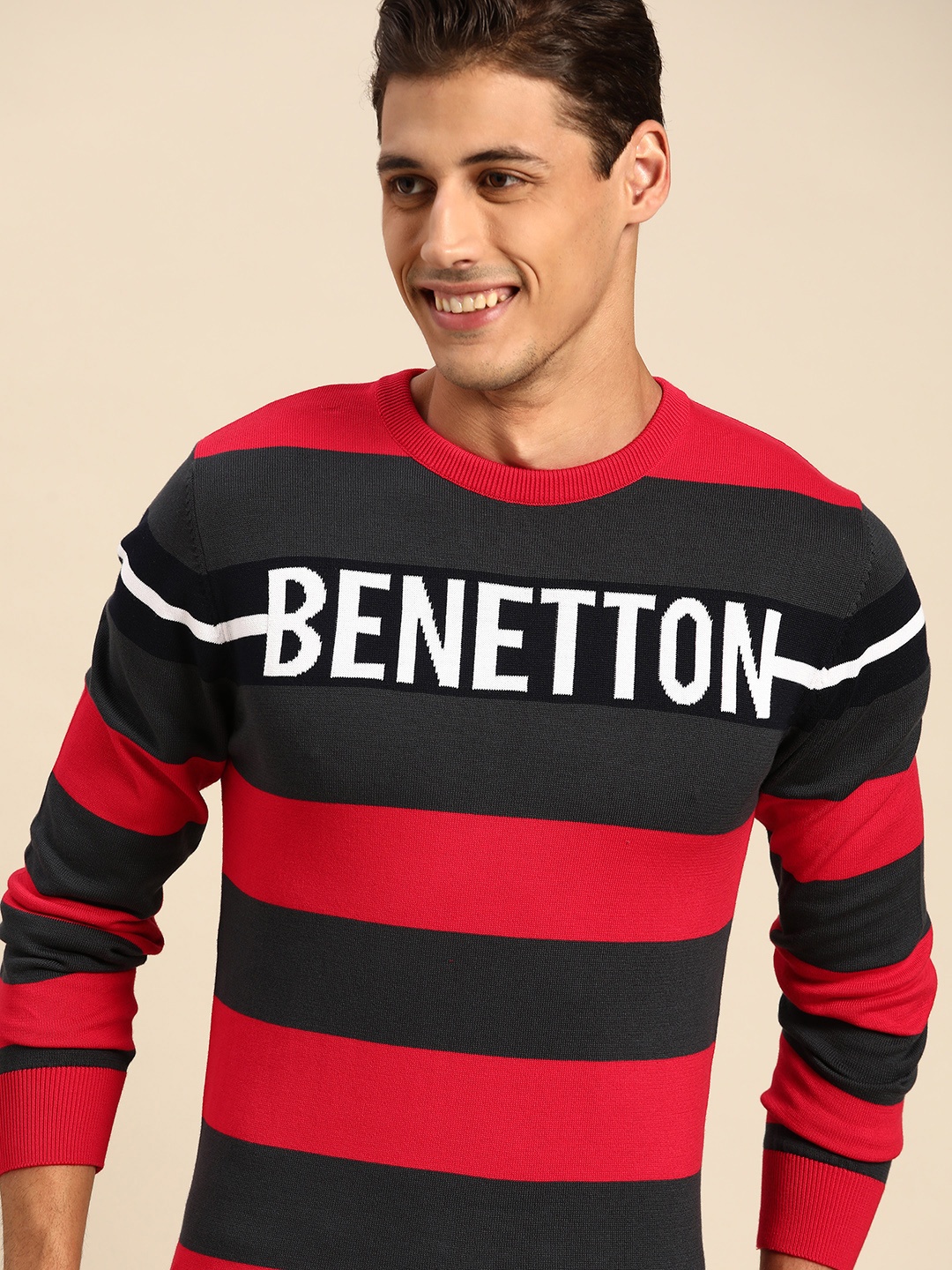 

United Colors of Benetton Men Red & Grey Pure Cotton Striped Pullover