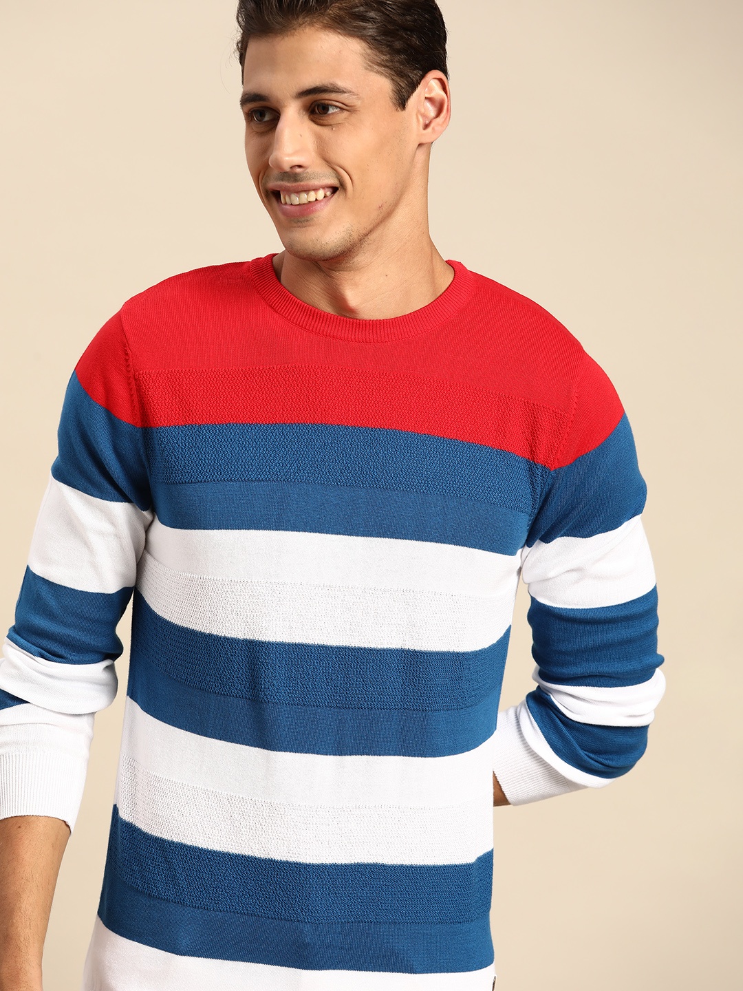 

United Colors of Benetton Men Blue & White Pure Cotton Striped Pullover