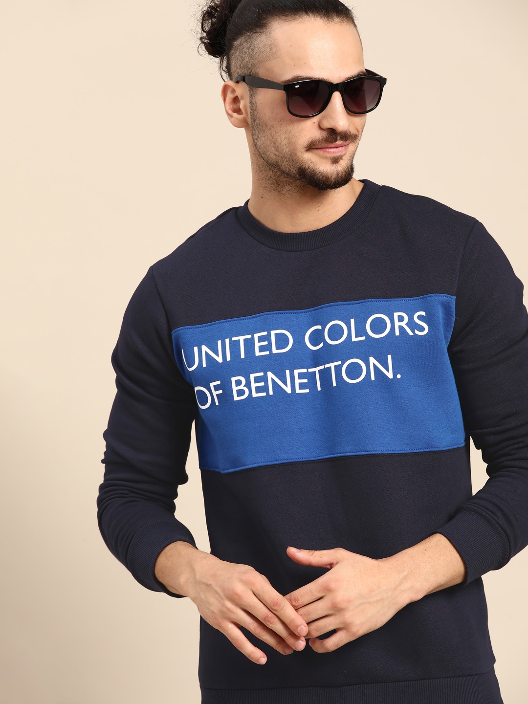 

United Colors of Benetton Men Navy Blue Typographic Print Sweatshirt
