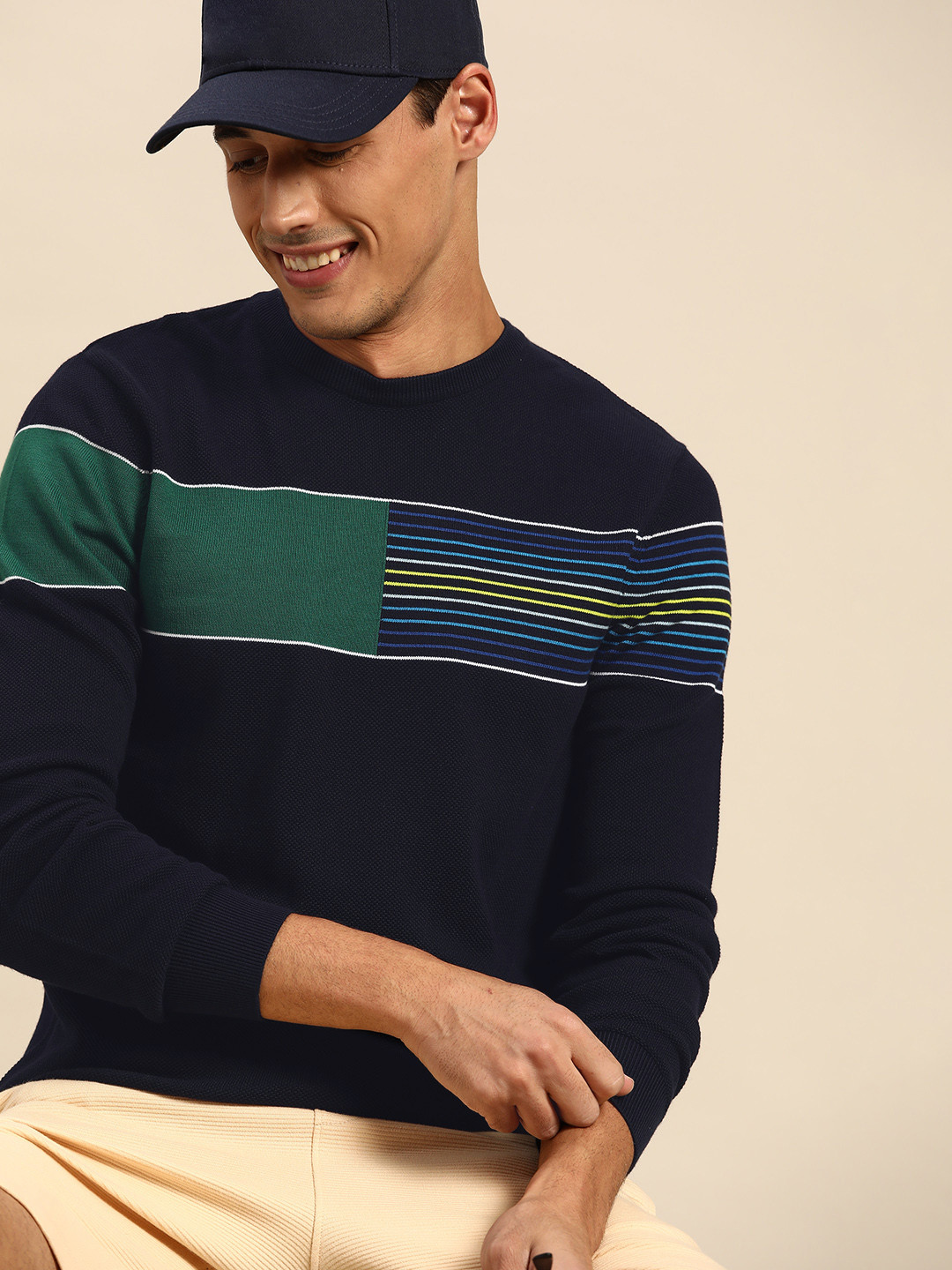 

United Colors of Benetton Men Navy Pure Cotton Striped Pullover, Navy blue