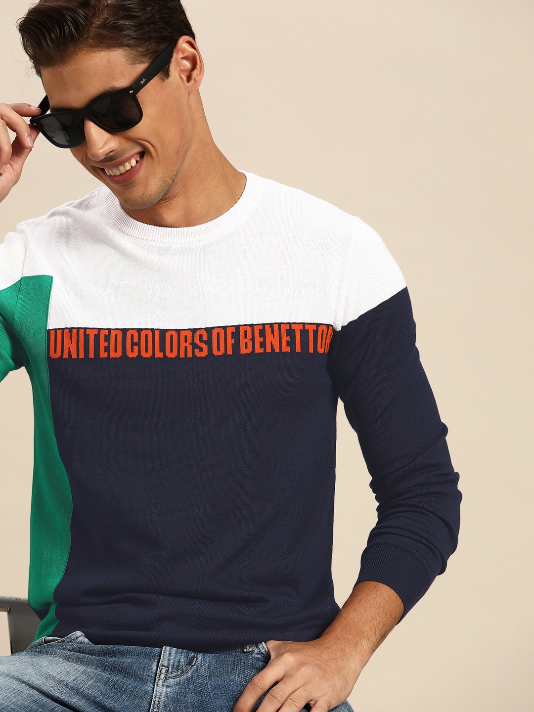 

United Colors of Benetton Men Navy Blue & White Pure Cotton Colourblocked Pullover