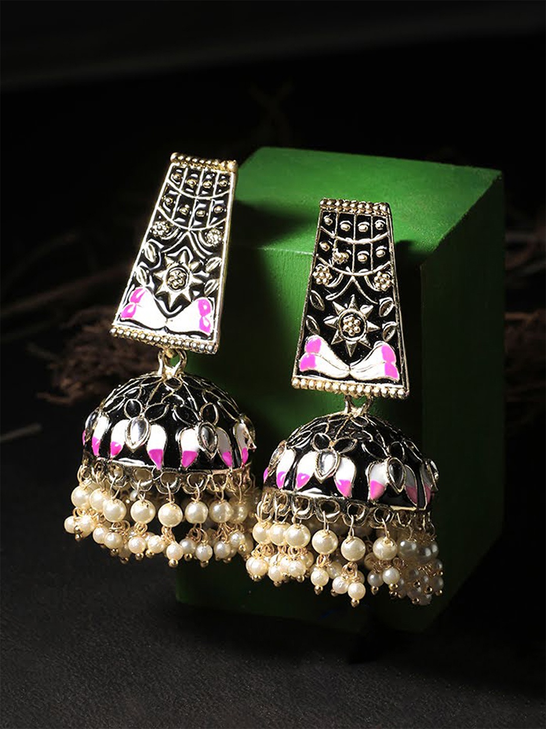 

Adwitiya Collection Pink & Gold-Toned Contemporary Handcrafted Jhumkas Earrings