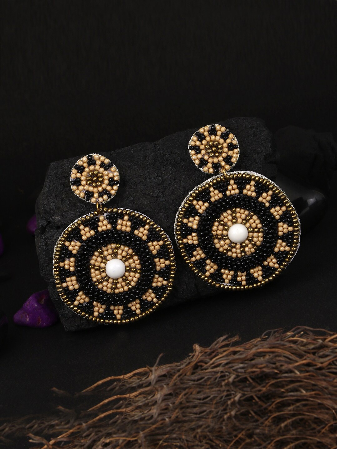 

Adwitiya Collection Black & Gold-Toned Circular Drop Earrings